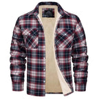 Front view of a red, navy and white checked flannel jacket, unbuttoned to show the fleece lining
