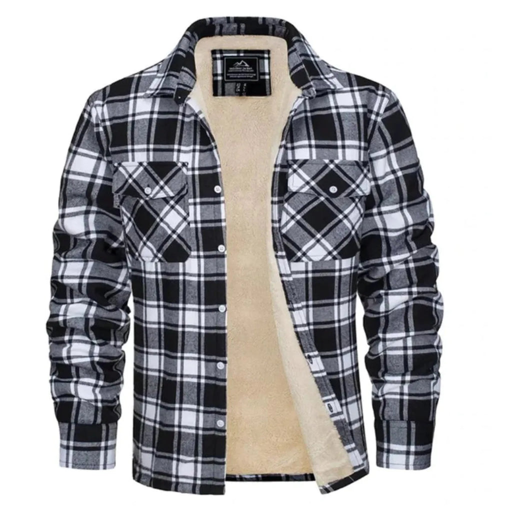 Front view of a black and white checked flannel jacket, open to reveal the cream fleece interior