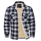 Front view of a black and white checked flannel jacket, open to reveal the cream fleece interior