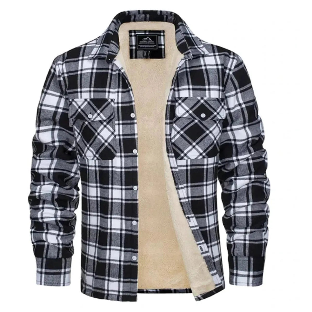 Front view of a black and white checked flannel jacket, open to reveal the cream fleece interior