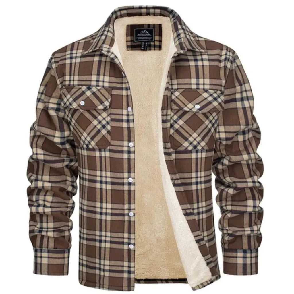 Front view of a brown and cream checked flannel jacket, open at the front to show the sherpa lining