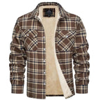Front view of a brown and cream checked flannel jacket, open at the front to show the sherpa lining