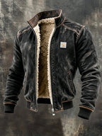 Front view of a black distressed leather bomber jacket unzipped to reveal cream sherpa fleece lining and stand collar