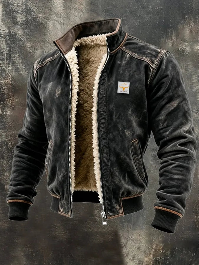 Front view of a black distressed leather bomber jacket unzipped to reveal cream sherpa fleece lining and stand collar