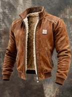 Brown distressed leather bomber jacket with sherpa lining, front pockets and ribbed cuffs and hem