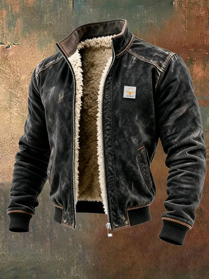 Three-quarter view of the black leather bomber jacket showing ribbed hem, cuffs and sherpa-lined interior
