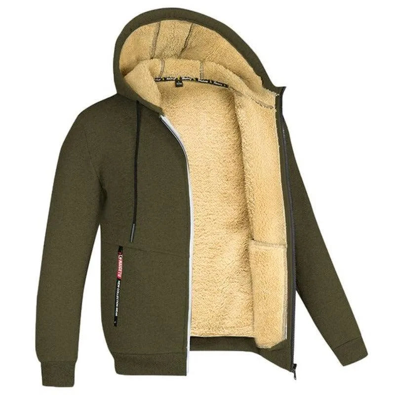 Khaki green sherpa-lined zip-up hoodie shown open, revealing the thick cream fleece lining and hood interior