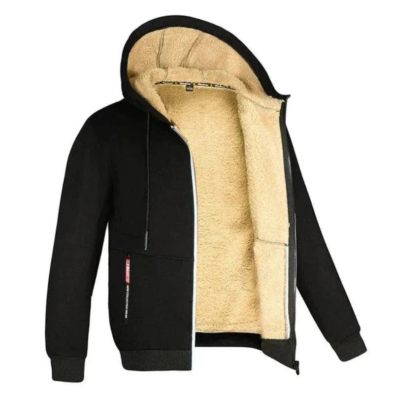 Black zip-up hooded jacket worn open, showing soft cream sherpa fleece lining inside the hood and body