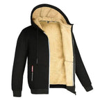 Black zip-up hooded jacket worn open, showing soft cream sherpa fleece lining inside the hood and body