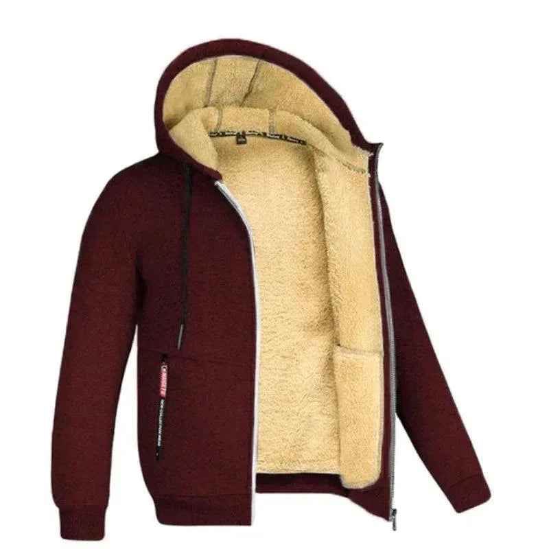 Burgundy sherpa-lined zip hoodie shown open at an angle, highlighting the cream fleece lining and drawstring hood
