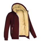 Burgundy sherpa-lined zip hoodie shown open at an angle, highlighting the cream fleece lining and drawstring hood