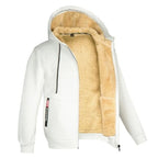 White zip-up hooded jacket open to reveal the warm cream sherpa fleece lining and ribbed cuffs