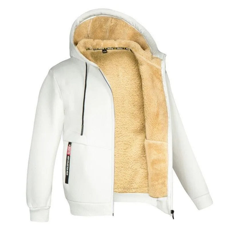 White zip-up hooded jacket open to reveal the warm cream sherpa fleece lining and ribbed cuffs
