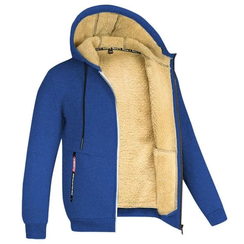 Royal blue sherpa-lined zip hoodie shown open, displaying the cosy cream fleece interior and side pockets