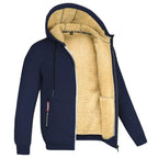 Navy blue zip-up hooded jacket open, showing the thick cream sherpa lining and reinforced front zip