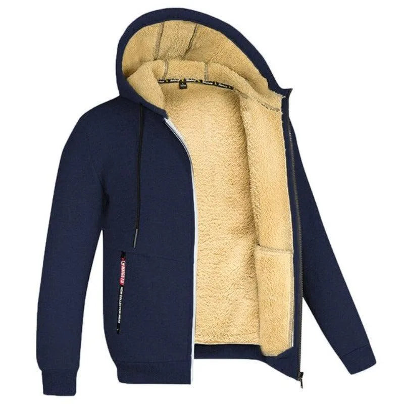 Navy blue zip-up hooded jacket open, showing the thick cream sherpa lining and reinforced front zip