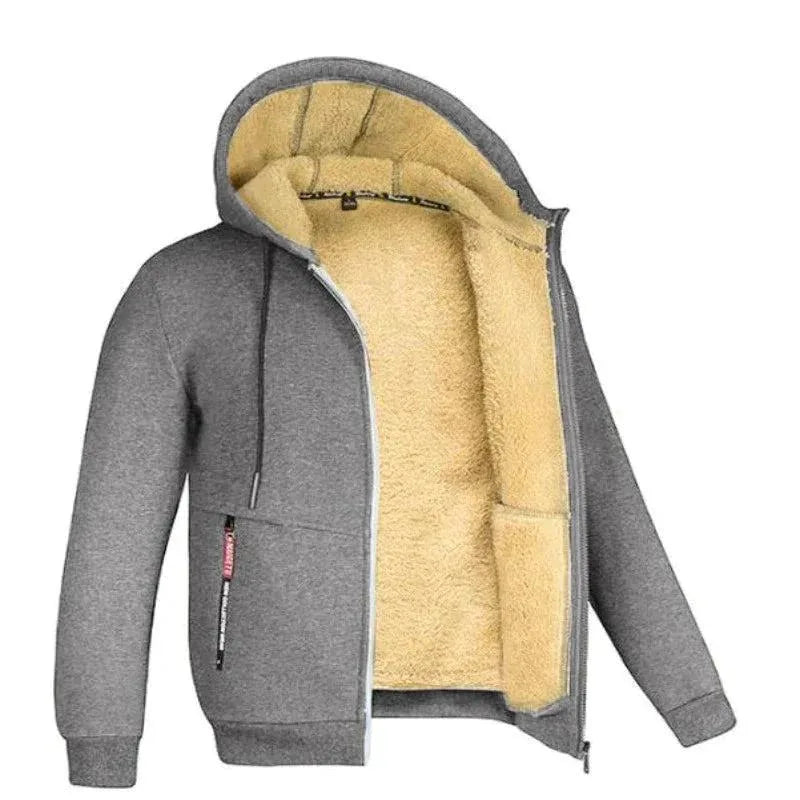 Light grey sherpa-lined zip hoodie shown open, revealing the fluffy cream fleece lining and hood trim