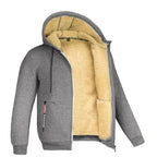 Light grey sherpa-lined zip hoodie shown open, revealing the fluffy cream fleece lining and hood trim