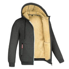 Charcoal grey zip-up hooded jacket open, showing the cream sherpa fleece lining and zip pocket detail