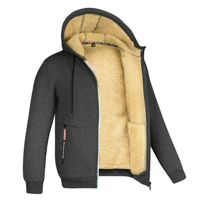 Charcoal grey zip-up hooded jacket open, showing the cream sherpa fleece lining and zip pocket detail