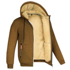 Close side view of a dark grey sherpa-lined hoodie open, highlighting the ribbed hem and fleece-lined hood