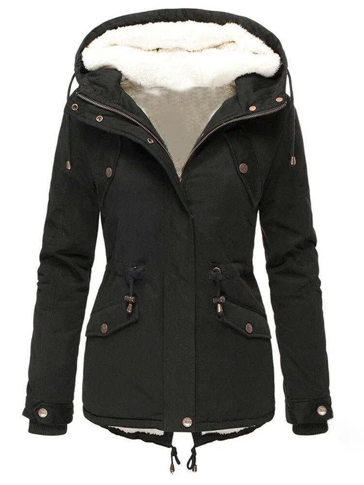 Front view of a black hooded parka, unzipped to show the plush cream sherpa lining inside the hood and collar.