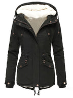 Front view of a black hooded parka, unzipped to show the plush cream sherpa lining inside the hood and collar.