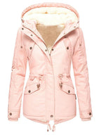 Pink hooded parka shown open at the front, highlighting the sherpa-lined hood, drawstring waist and flap pockets.