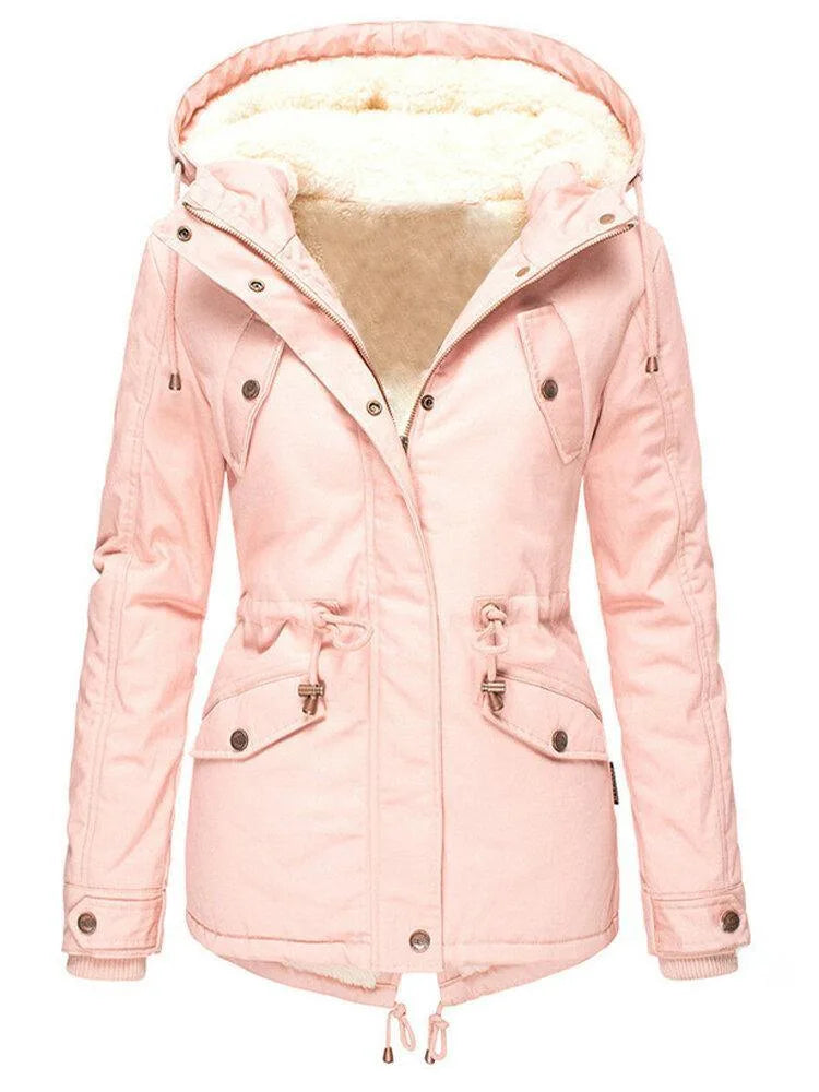 Pink hooded parka shown open at the front, highlighting the sherpa-lined hood, drawstring waist and flap pockets.