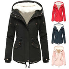 Four colourways of the sherpa-lined hooded parka displayed together: black, red, navy and pink.