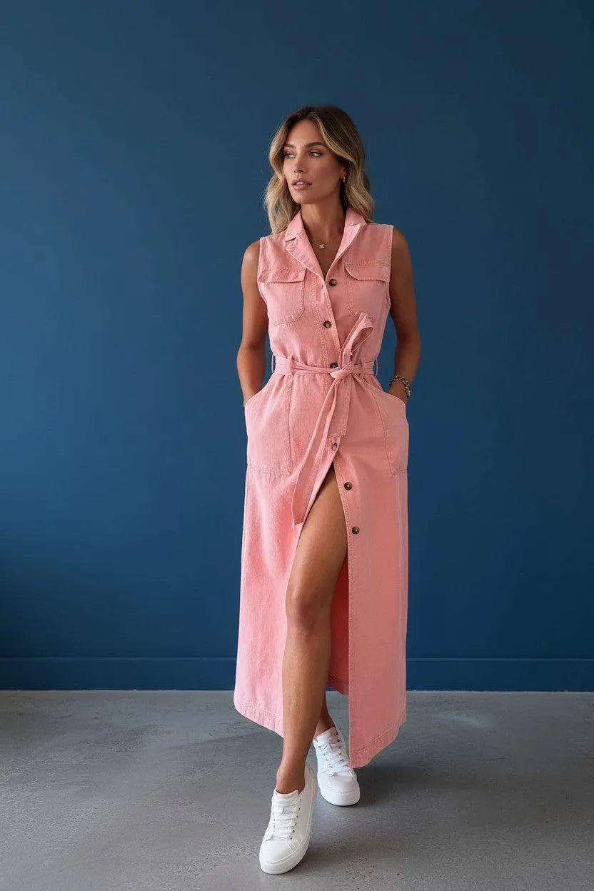 Woman standing in a sleeveless blush pink denim shirt dress with tie waist belt and front button placket, worn with white trainers.