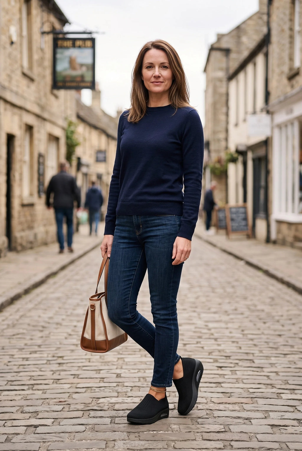Model wearing black knit slip-on trainers styled with dark skinny jeans, navy jumper and tan tote bag on a cobbled street