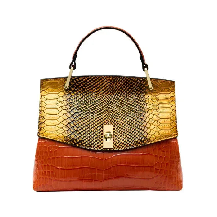 Front view of the shoulder bag in an orange colourway with gold snakeskin-effect flap and croc-effect body