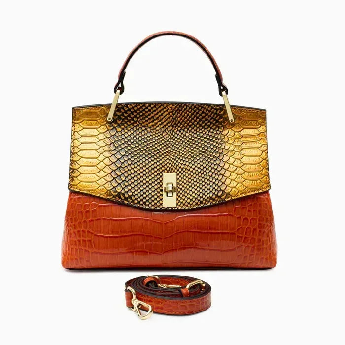 Front view of the orange bag showing the textured croc-effect base panel and gold-toned hardware