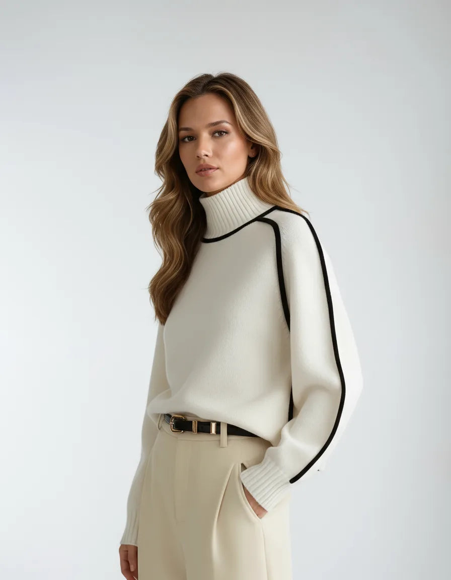 Three-quarter view of the cream knit jumper showing its relaxed drop-shoulder fit and ribbed cuff