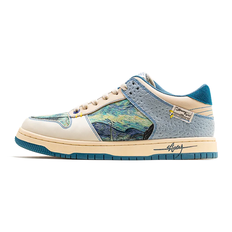 Side profile view of the trainer showing the Starry Night swirl panel, cream leather and teal outsole