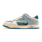 Side profile view of the trainer showing the Starry Night swirl panel, cream leather and teal outsole