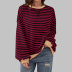 Close-up of contrast ribbed crew neckline with visible loop label detail on striped sweatshirt