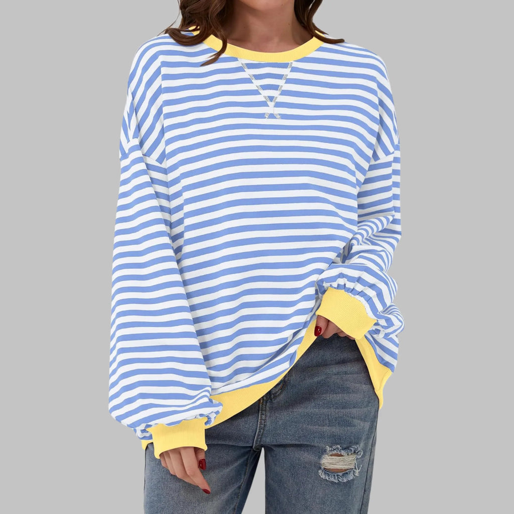 Front view of sky blue and white striped sweatshirt with contrasting soft yellow ribbed collar and cuffs
