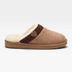 Side profile of chestnut suede slipper with contrast dark brown cuff and cream faux fur trim