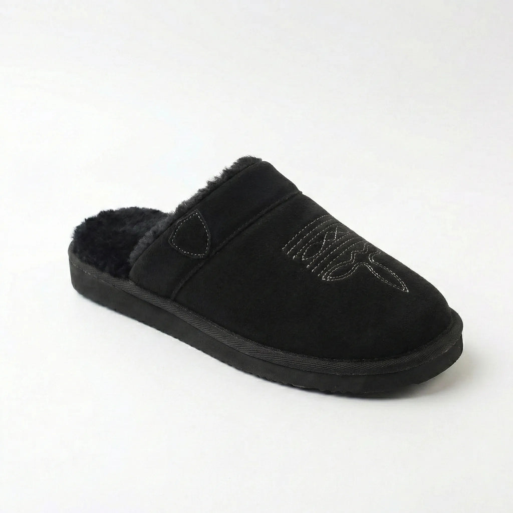 Pair of black and tan suede cowboy slippers displayed together