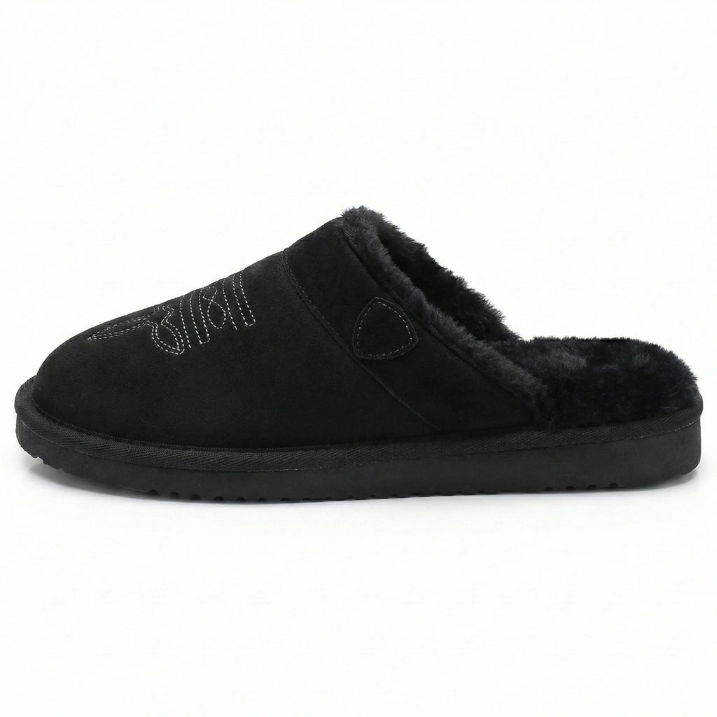 Front side profile of chestnut suede slipper showing the full silhouette and tread pattern
