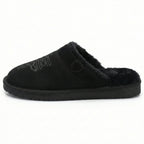Front side profile of chestnut suede slipper showing the full silhouette and tread pattern