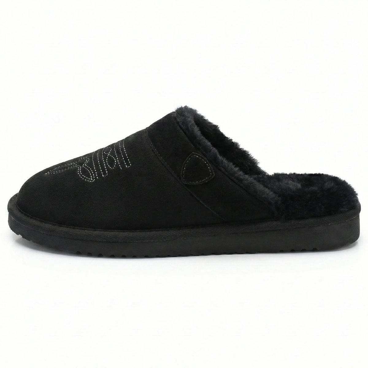Front side profile of chestnut suede slipper showing the full silhouette and tread pattern