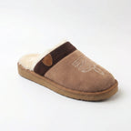 Three-quarter view of chestnut suede mule slipper with western stitched toe detail