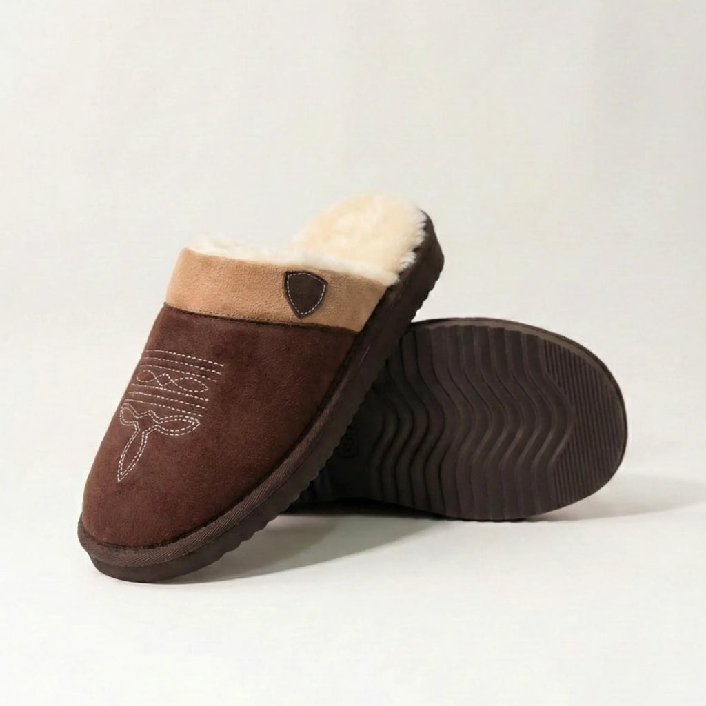 Back angle of brown suede slippers highlighting the fluffy cream fur collar and sole tread