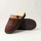 Back angle of brown suede slippers highlighting the fluffy cream fur collar and sole tread