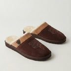 Pair of dark brown suede slippers with tan trim shown side by side