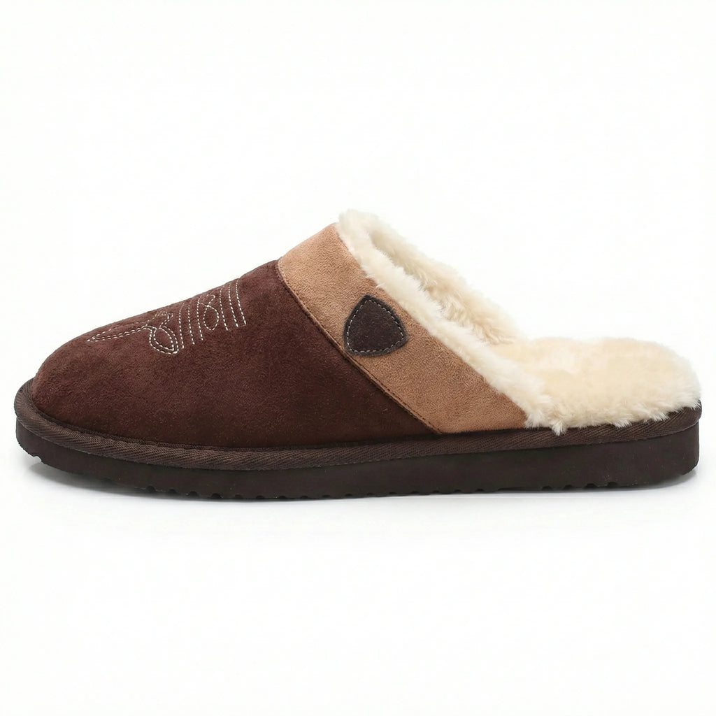 Side profile of a dark brown suede slipper showing the tan cuff and cream fur lining