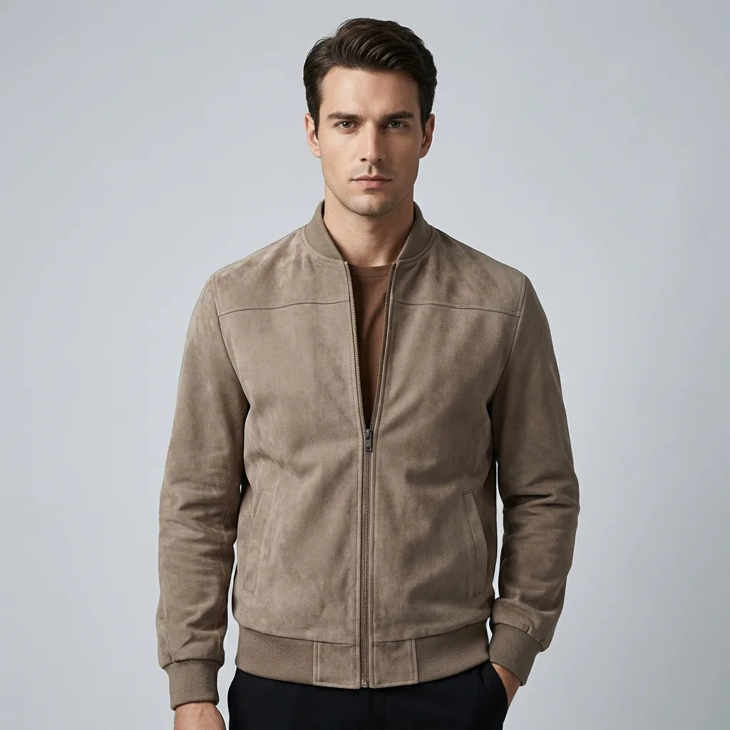 Front view of a man wearing a taupe suede-effect bomber jacket, unzipped over a tonal crew-neck top